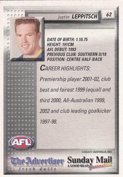 2003 Select The Advertiser-Sunday Mail AFL #62 Justin Leppitsch Back